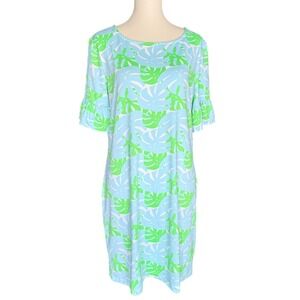Sailor-Sailor Womens Large Blue Green Tropical Monstera Leaf Ruffle Shift Dress